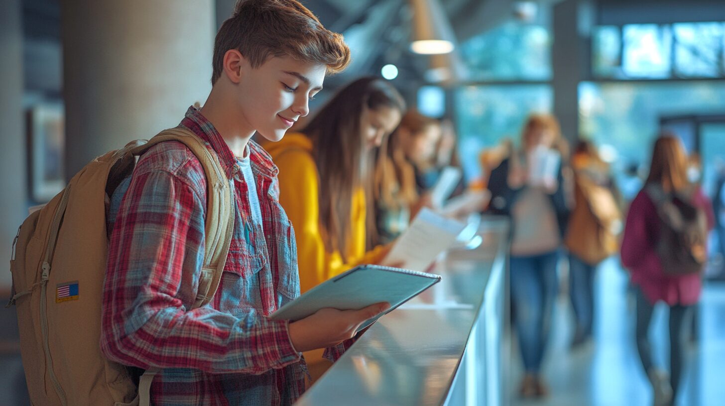 In a bustling hallway, reminiscent of an academic showdown, a young student in a plaid shirt reads a notebook, with the intensity of AUTOMATIC1111 facing ComfyUI in competition. His backpack hangs casually over one shoulder as other students buzz around him.