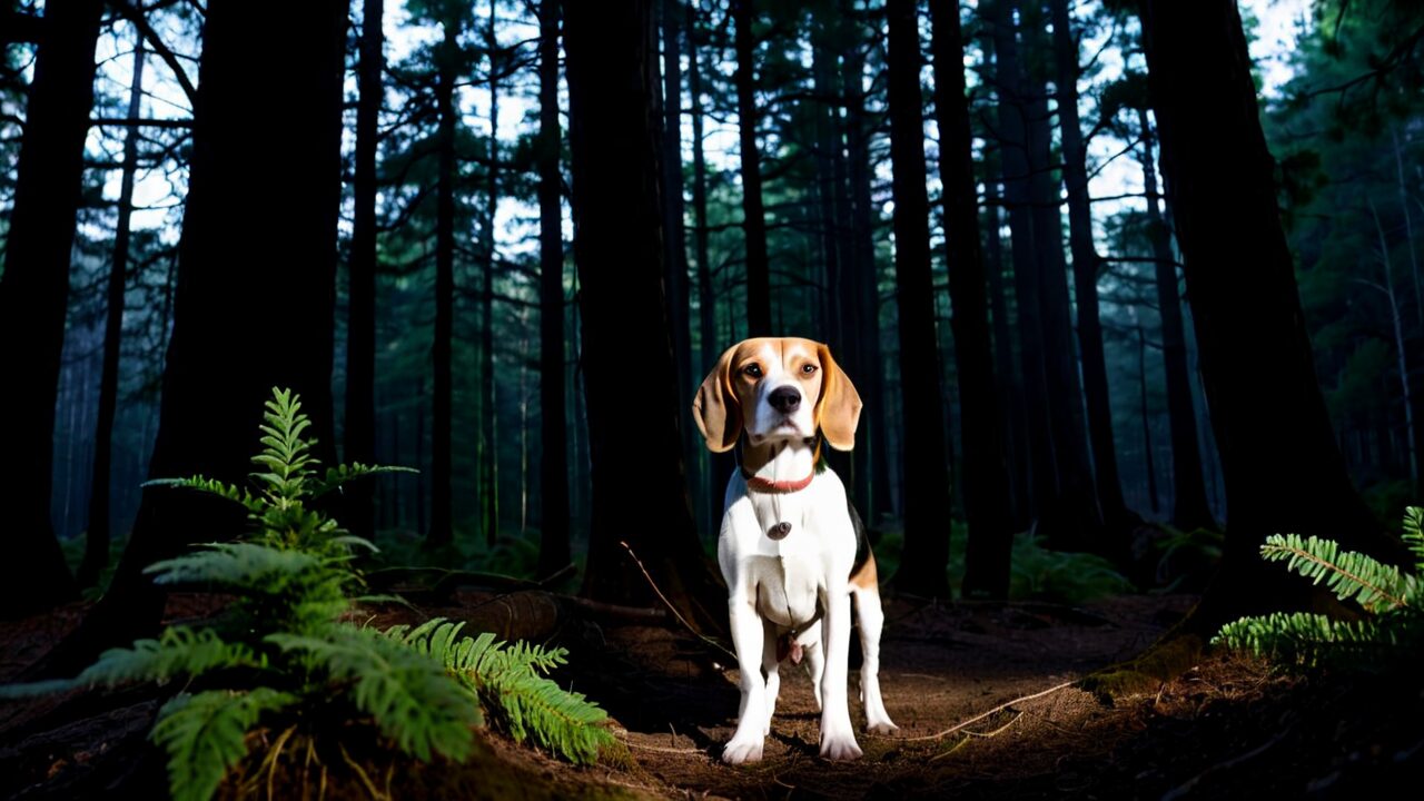 A beagle stands on a forest path surrounded by tall trees and ferns, as if contemplating the showdown between AUTOMATIC1111 and ComfyUI in nature's grand arena.