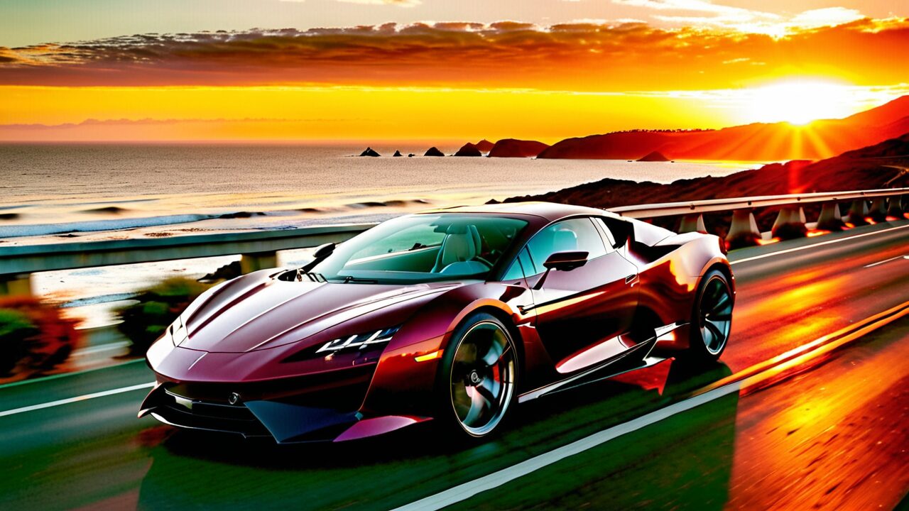 A sleek red sports car drives along a coastal road at sunset, with the ocean and orange sky in the background.