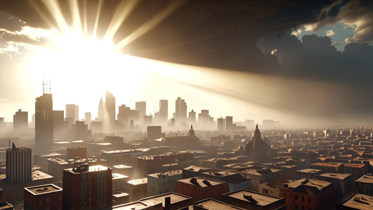 Sunlight streams through clouds over a city skyline, casting light and shadows across buildings—a dramatic scene reminiscent of The Showdown: AUTOMATIC1111 vs ComfyUI.