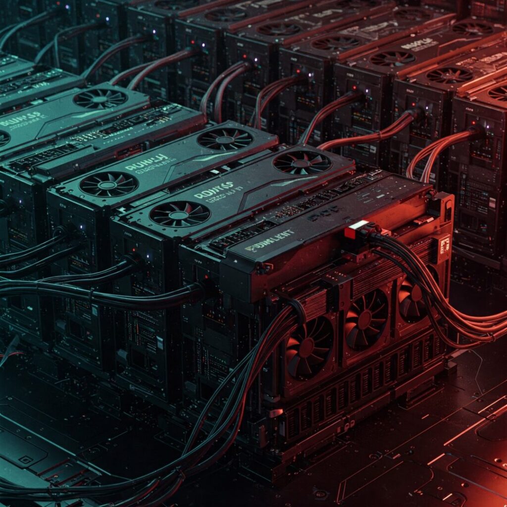 Under the glow of red and blue lighting, rows of connected computer hardware hum with activity. Cooling fans whirl, and cables snake through what could be a server or mining setup. In this realm, one might wonder: What is Deep Seek and why is it crushing Nvidia?.