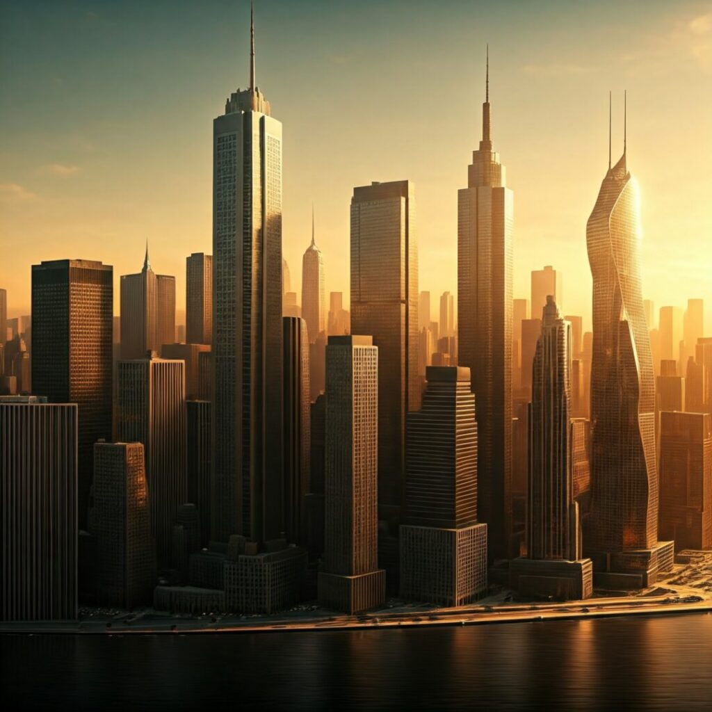 A city skyline at sunset with modern skyscrapers, including a uniquely twisted building, reflected in the water below—an image that prompts contemplation on how AI will shape urban landscapes by 2025.