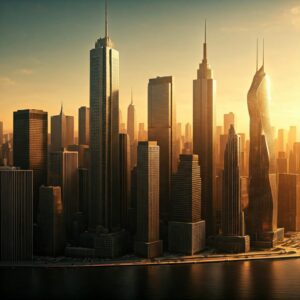 A city skyline at sunset with modern skyscrapers, including a uniquely twisted building, reflected in the water below—an image that prompts contemplation on how AI will shape urban landscapes by 2025.