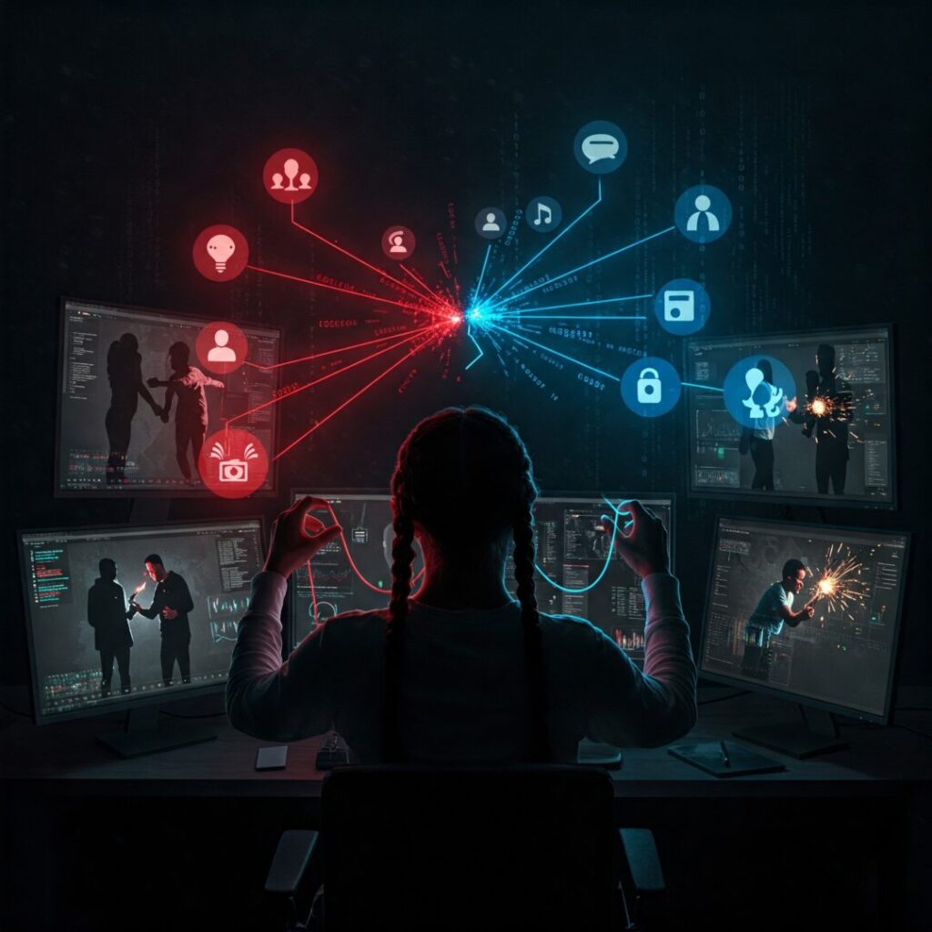 A person with braids sits at a desk surrounded by multiple screens, engaging with red and blue holographic data streams that reveal the intricate dance of icons and figures, underscoring digital deception and how AI is blurring the line between real and fake on social media.