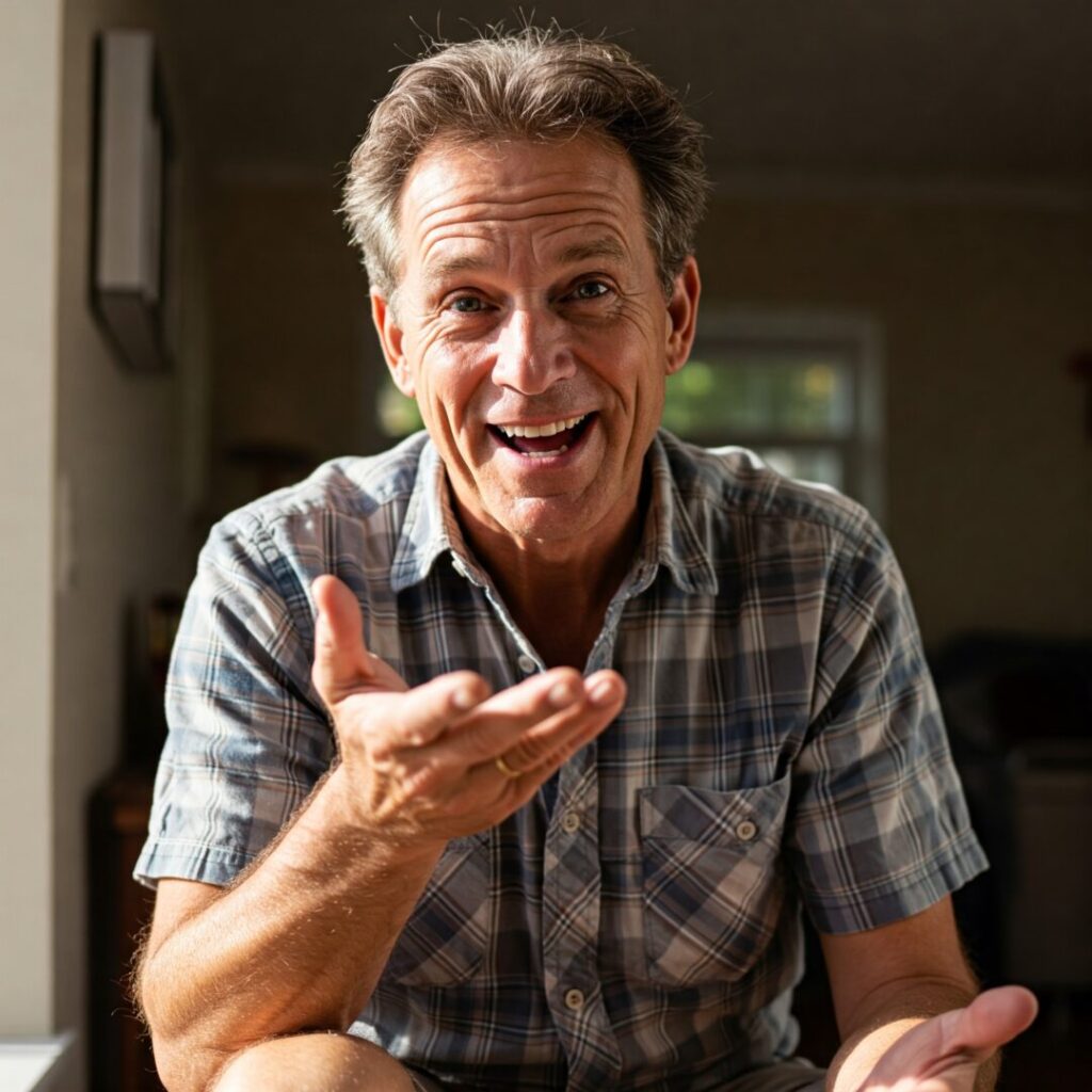 A middle-aged man with gray hair wearing a plaid shirt gestures with his hand while smiling, seated indoors. He eagerly explains why Deep Seek is revolutionizing the tech world and leaving competitors like Nvidia in its wake.