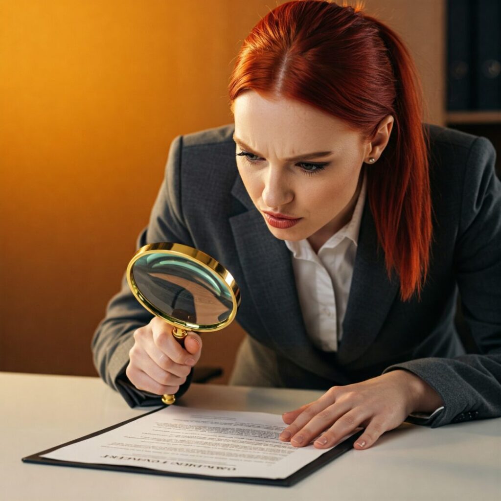 A woman with red hair in a business suit closely examines a document using a magnifying glass, embodying the same focus as someone trying to decode why Deep Seek is currently outperforming Nvidia.