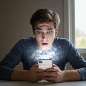 A person looks surprised while holding a smartphone. Various digital icons, including messages and notifications, are projected from the screen, illuminating their face.