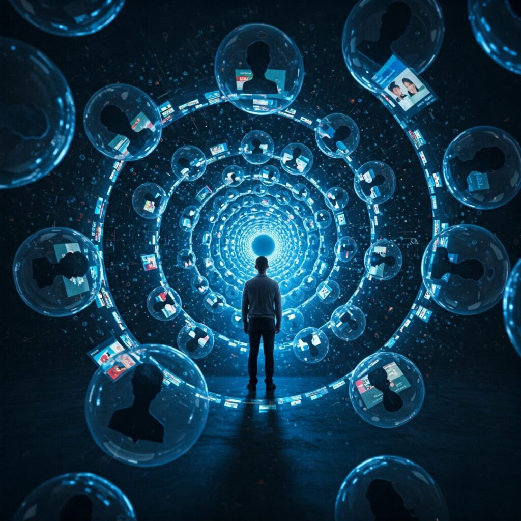 A person stands before a tunnel of glowing blue spheres containing digital profiles, symbolizing connection and technology in an era where AI blurs the line between real and fake, as explored in "Digital Deception: How AI is Blurring the Line Between Real and Fake on Social Media.