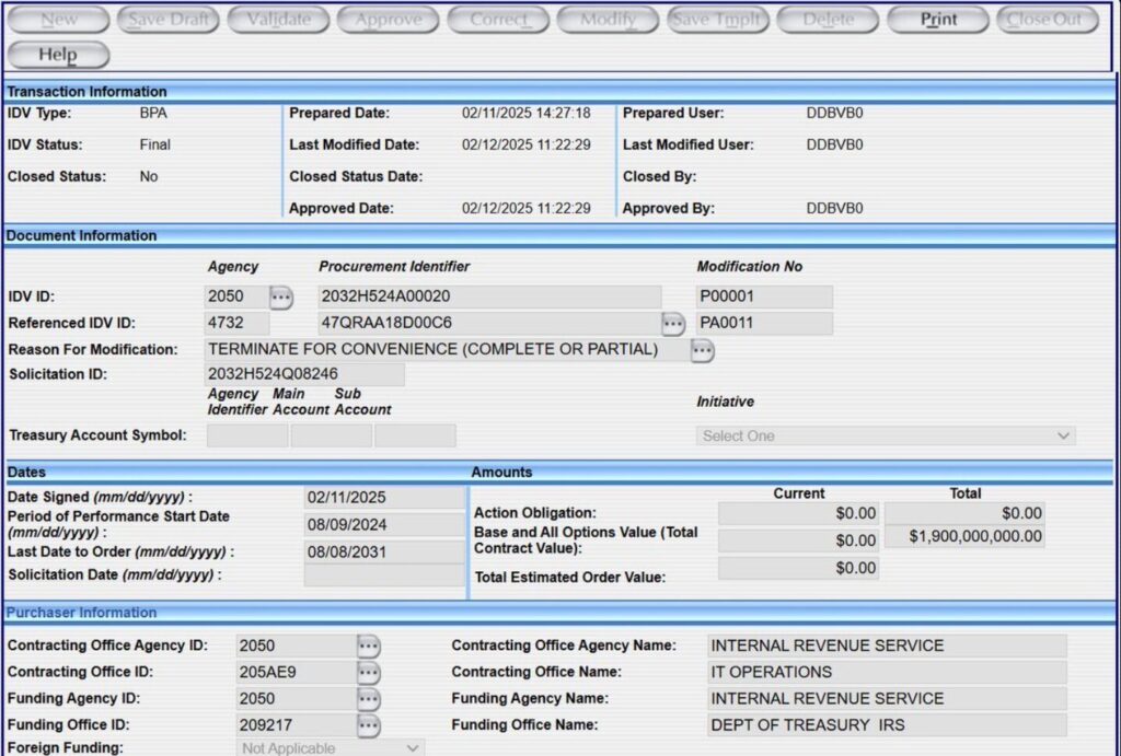 Screenshot of various fields in a procurement management system, showcasing transaction, document, account, and billing info. Columns like "Save," "Print," and "Close" guide the user—truly a DOGE Unleashed level of efficiency for any administrative task.