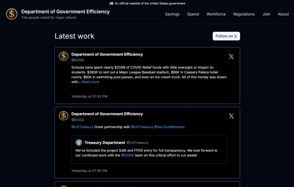 Screenshot of the "Department of Government Efficiency" (DOGE Unleashed) website showcasing two posts about spending and partnership with the U.S. Treasury. The dark theme layout features white text, highlighting their commitment to impactful governmental collaboration.