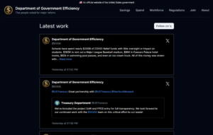 Screenshot of the "Department of Government Efficiency" (DOGE Unleashed) website showcasing two posts about spending and partnership with the U.S. Treasury. The dark theme layout features white text, highlighting their commitment to impactful governmental collaboration.