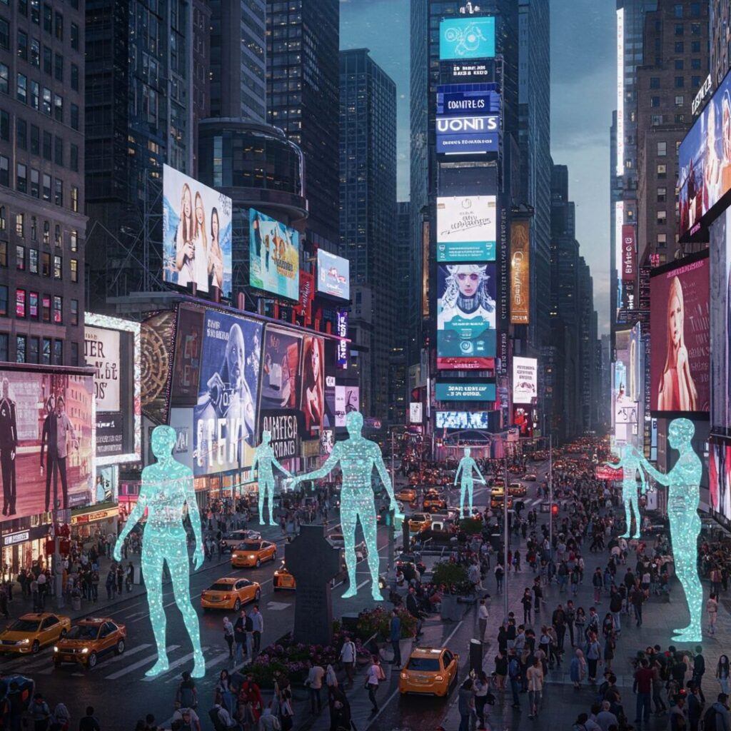 Agentic AI - Crowded city street with tall buildings and glowing holographic figures among people and traffic; large digital billboards are visible above.