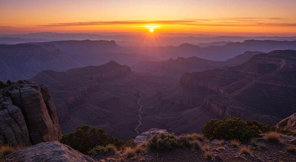 Google Veo Sunrise over the Grand Canyon, with layered rock formations and a winding river visible below, under a clear sky.