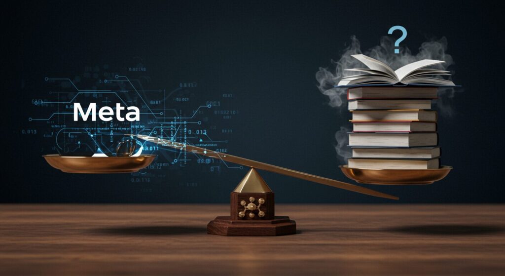 A balance scale with "Meta" and digital icons on one side and a stack of books with an open book and question mark on the other, showing an imbalance.