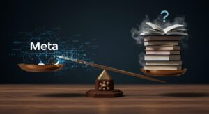A balance scale with "Meta" and digital icons on one side and a stack of books with an open book and question mark on the other, showing an imbalance.