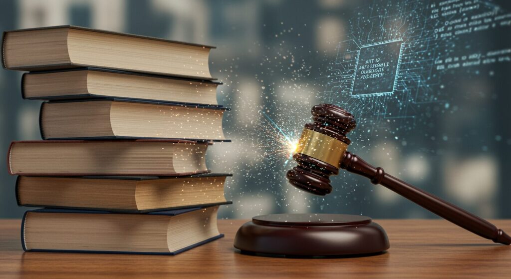 A judge’s gavel hits a sound block beside a stack of legal books, with digital code imagery in the background.