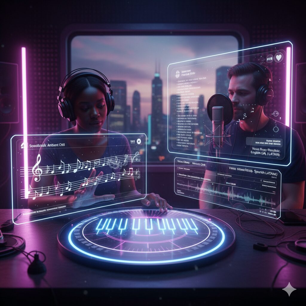 Two people in a studio use futuristic touchscreens displaying music notes and audio data, with a city skyline visible through the window.