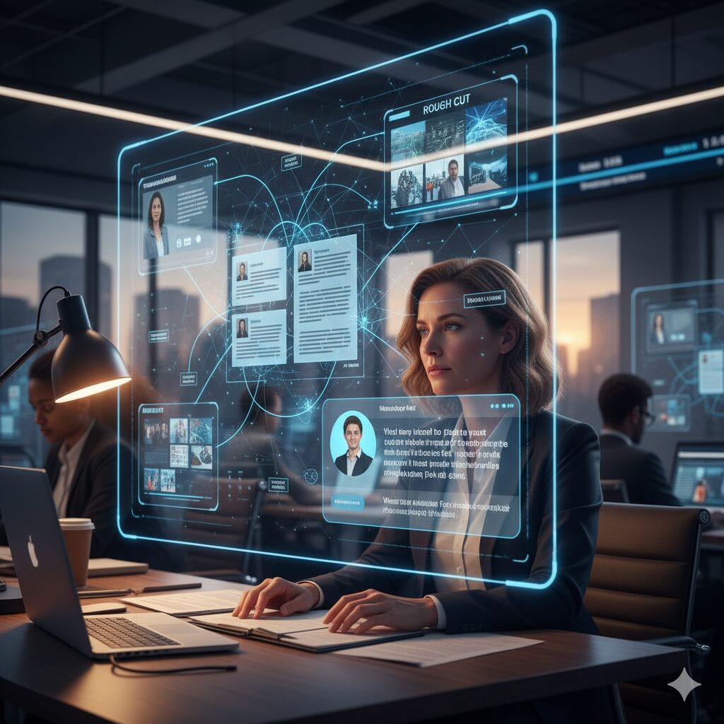 A businesswoman sits at a desk in a modern office, interacting with futuristic digital interfaces displaying profiles and data analytics on transparent screens.