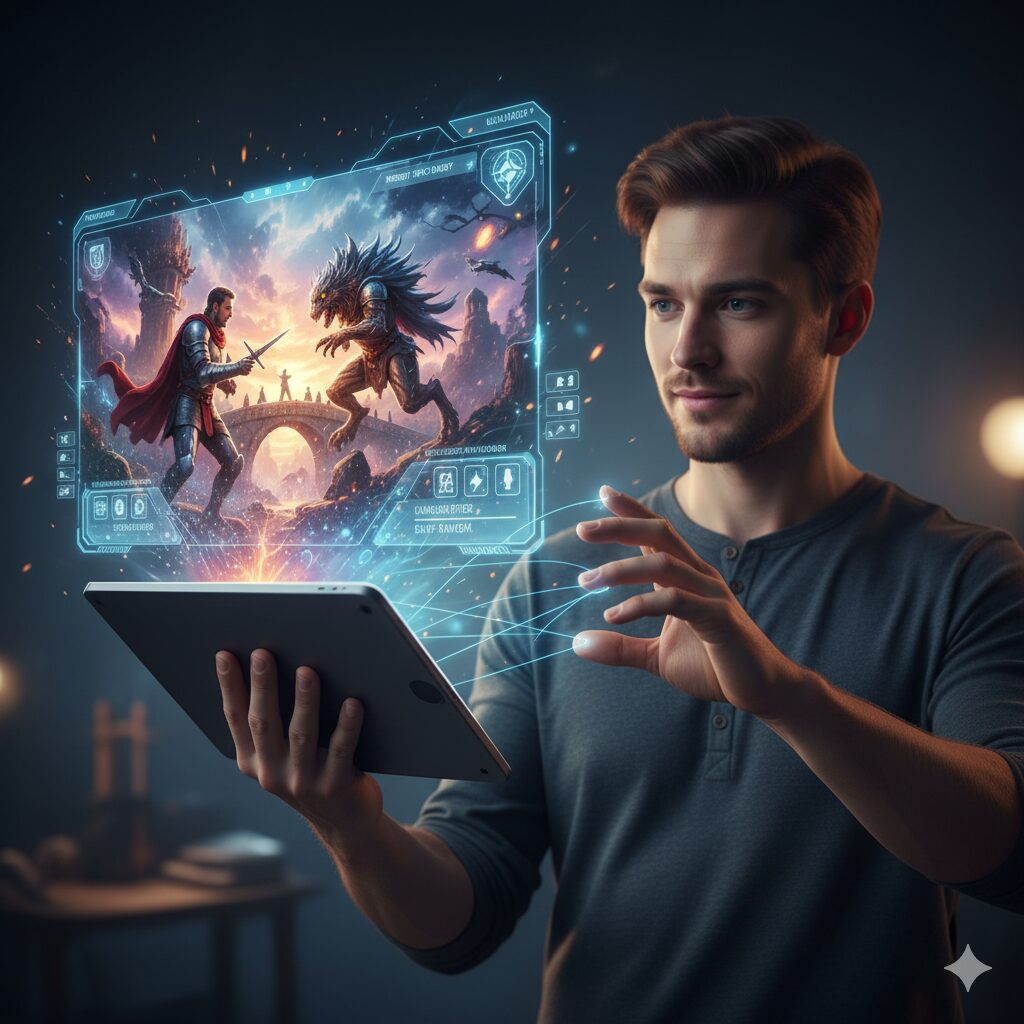 A man interacts with a digital tablet, controlling a holographic fantasy game projection featuring a knight facing a monster.