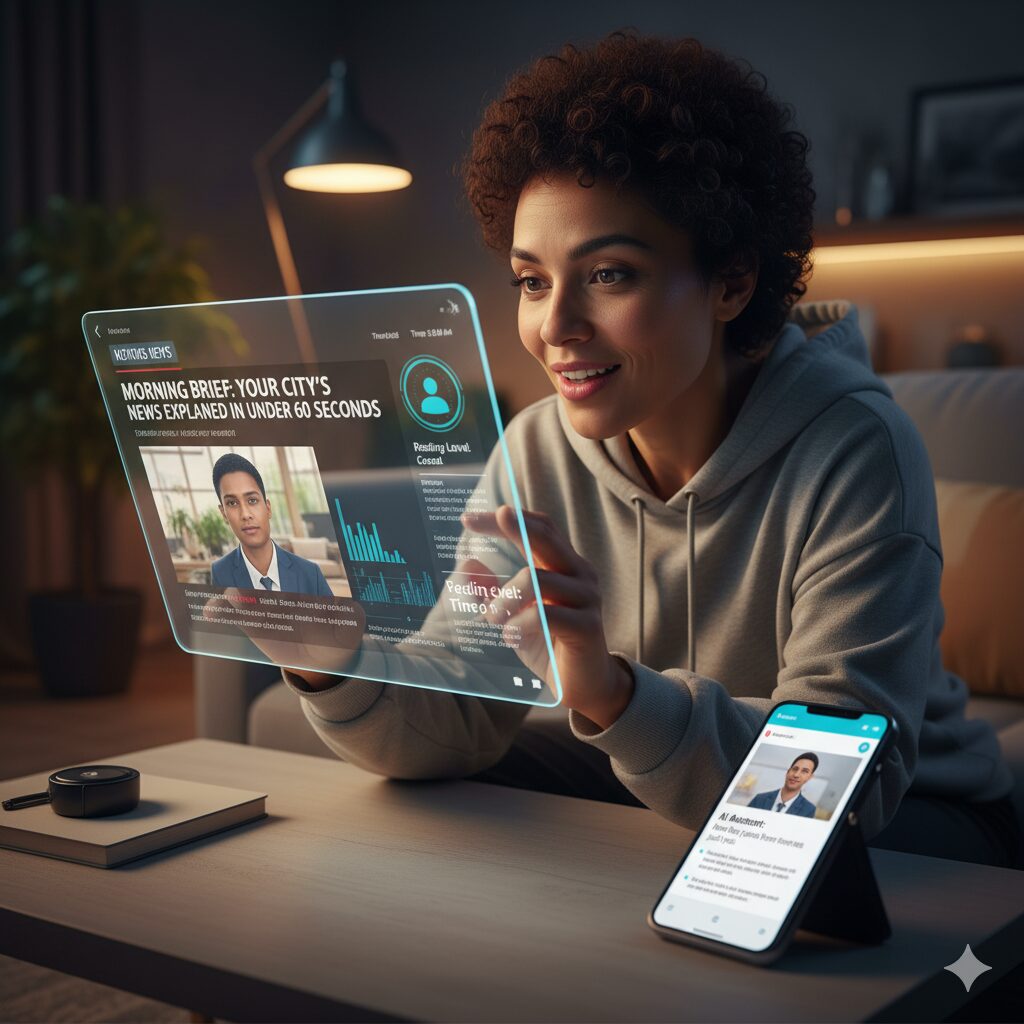A woman interacts with a futuristic transparent touch screen displaying news, while a smartphone with similar content sits on a table next to her in a modern living room.