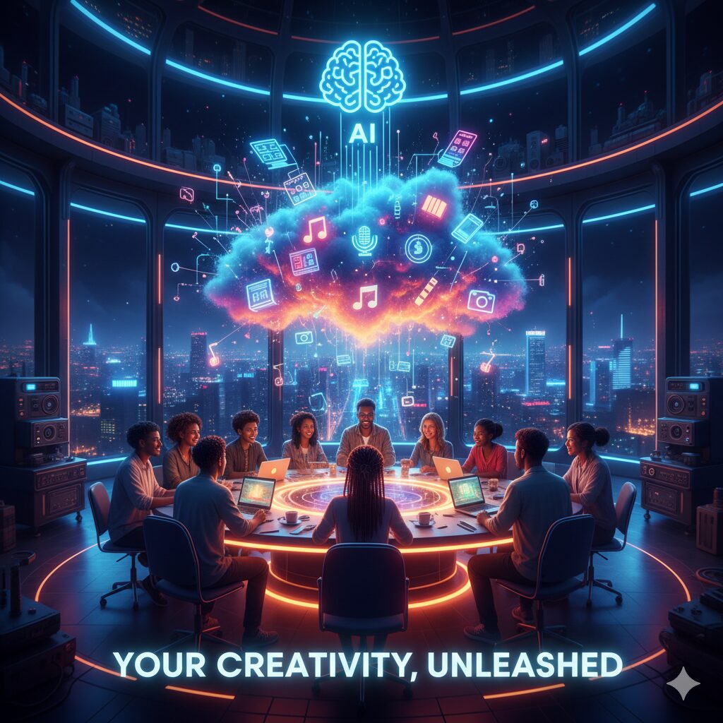 A diverse group of people work at laptops around a circular table in a futuristic room, with digital icons and a brain hologram above them. Text reads: "Your Creativity, Unleashed.