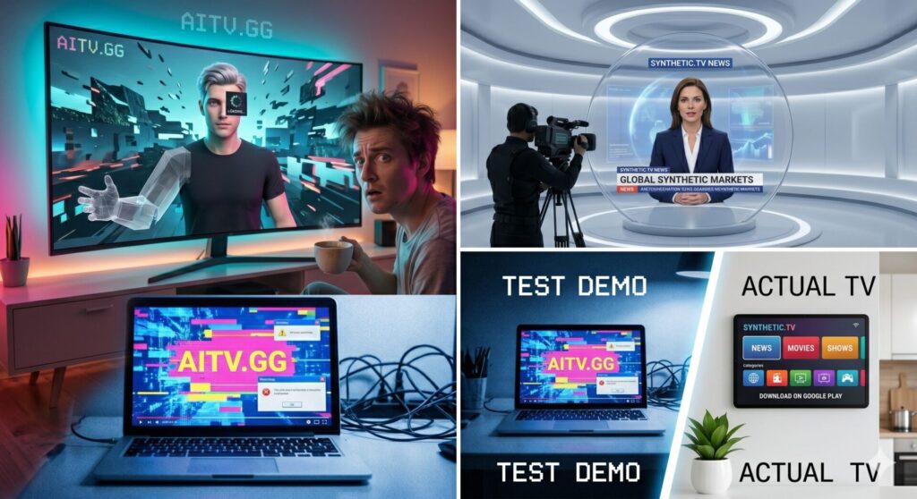 A collage shows a man surprised by a futuristic TV avatar, a news anchor in a high-tech studio, a laptop displaying “AITV.GG,” and a comparison of "Test Demo" vs "Actual TV" on screens.