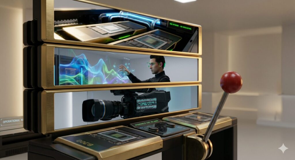 A person uses a futuristic, multi-screen control panel with holographic displays and a large control lever. A camera and vibrant light waves are shown on the screens in a high-tech, modern room.