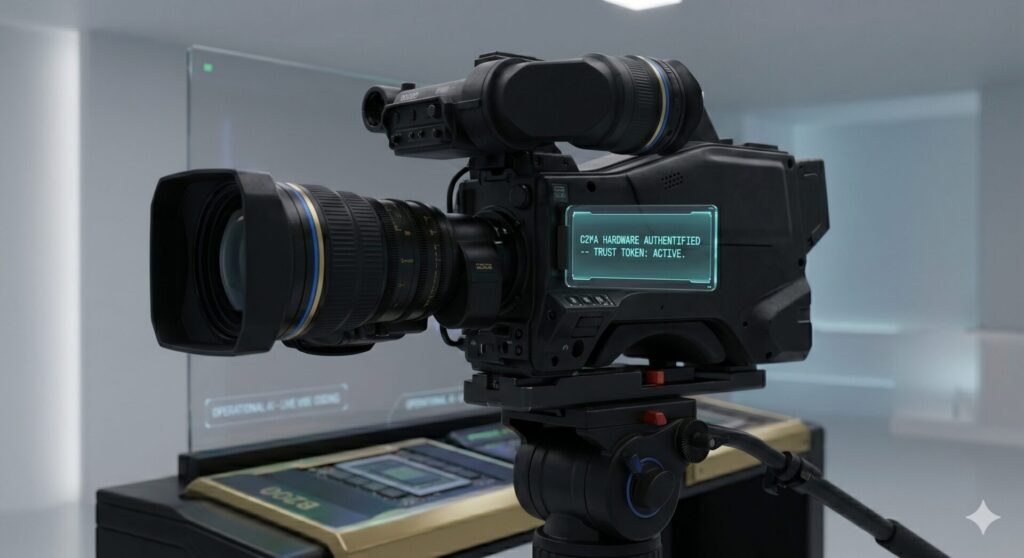 A close-up of a futuristic video camera with a digital display screen that reads “CPU RESOURCE ATTEMPTED—TRUST TOKEN: ACTIVE,” set in a sleek, modern, high-tech environment.