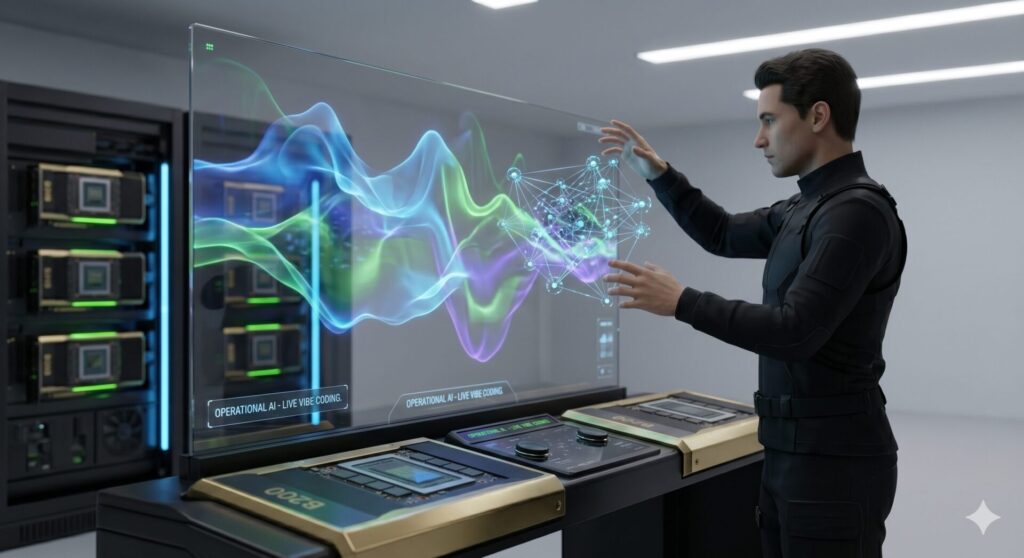 A person in a futuristic room manipulates colorful holographic data on a large transparent screen, surrounded by advanced computer equipment and servers.