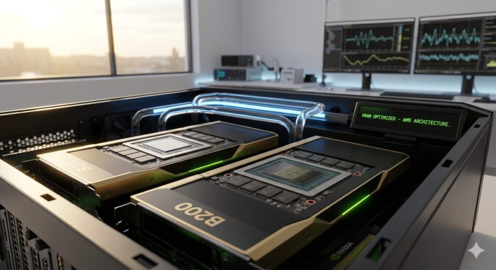 Close-up of two NVIDIA B200 GPUs installed in a server, with glowing green lights. In the background, monitors display data visualizations in a modern office setting with large windows and city views.