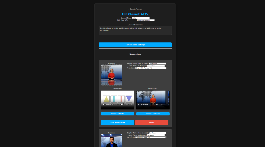 A website interface for editing a TV channel displays channel details at the top, followed by options to save settings, add newscasters, and edit or delete newscaster profiles with thumbnails and video preview images.